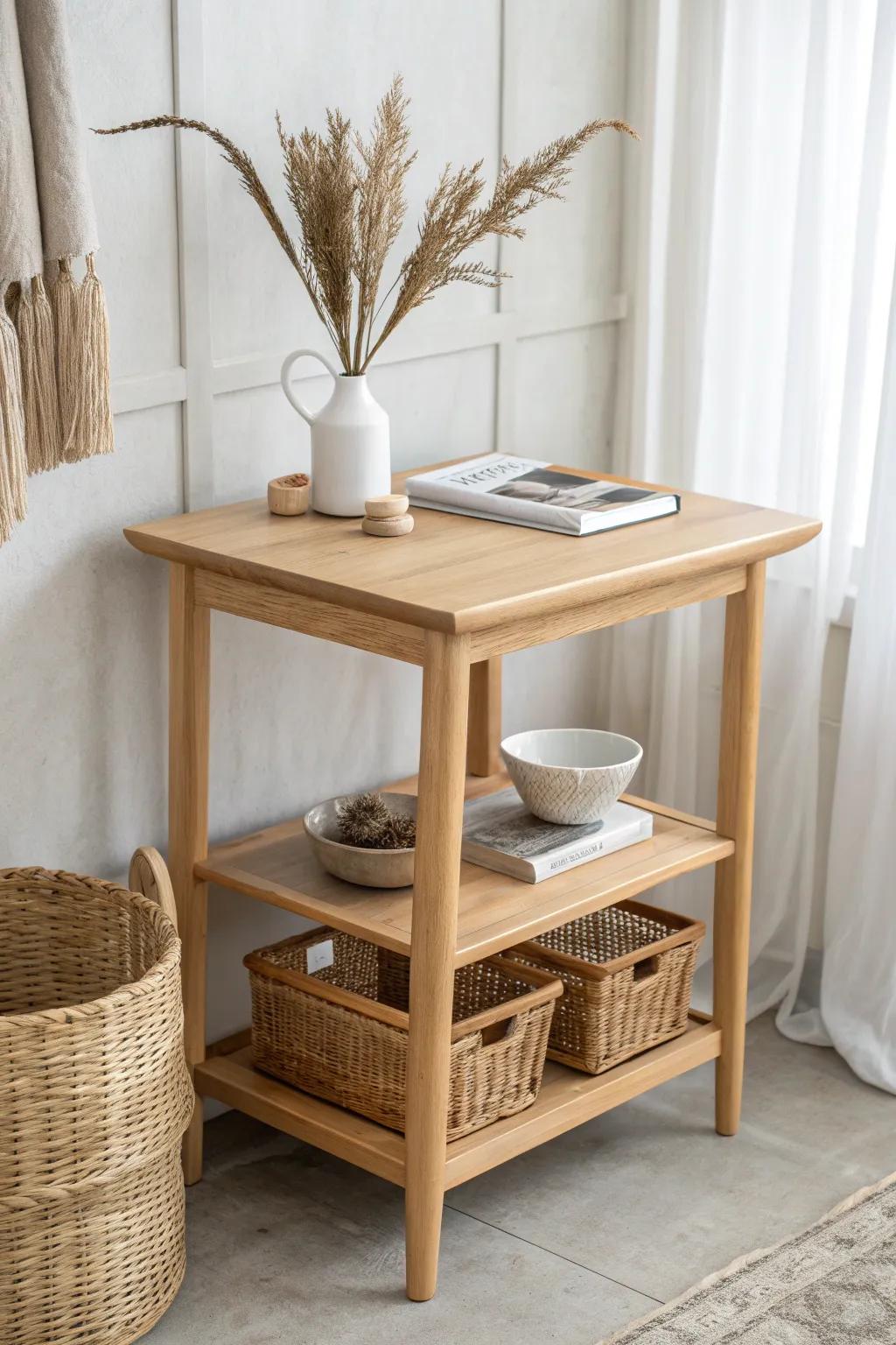 A small two-tier table with a lower shelf—extra storage without losing a calm, clean tabletop.