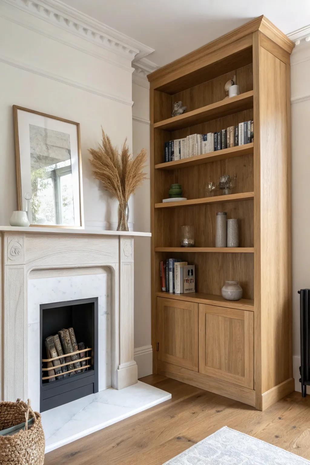 Custom alcove shelves by the fireplace—flush-fit books, light oak, and calm Nordic-boho styling.