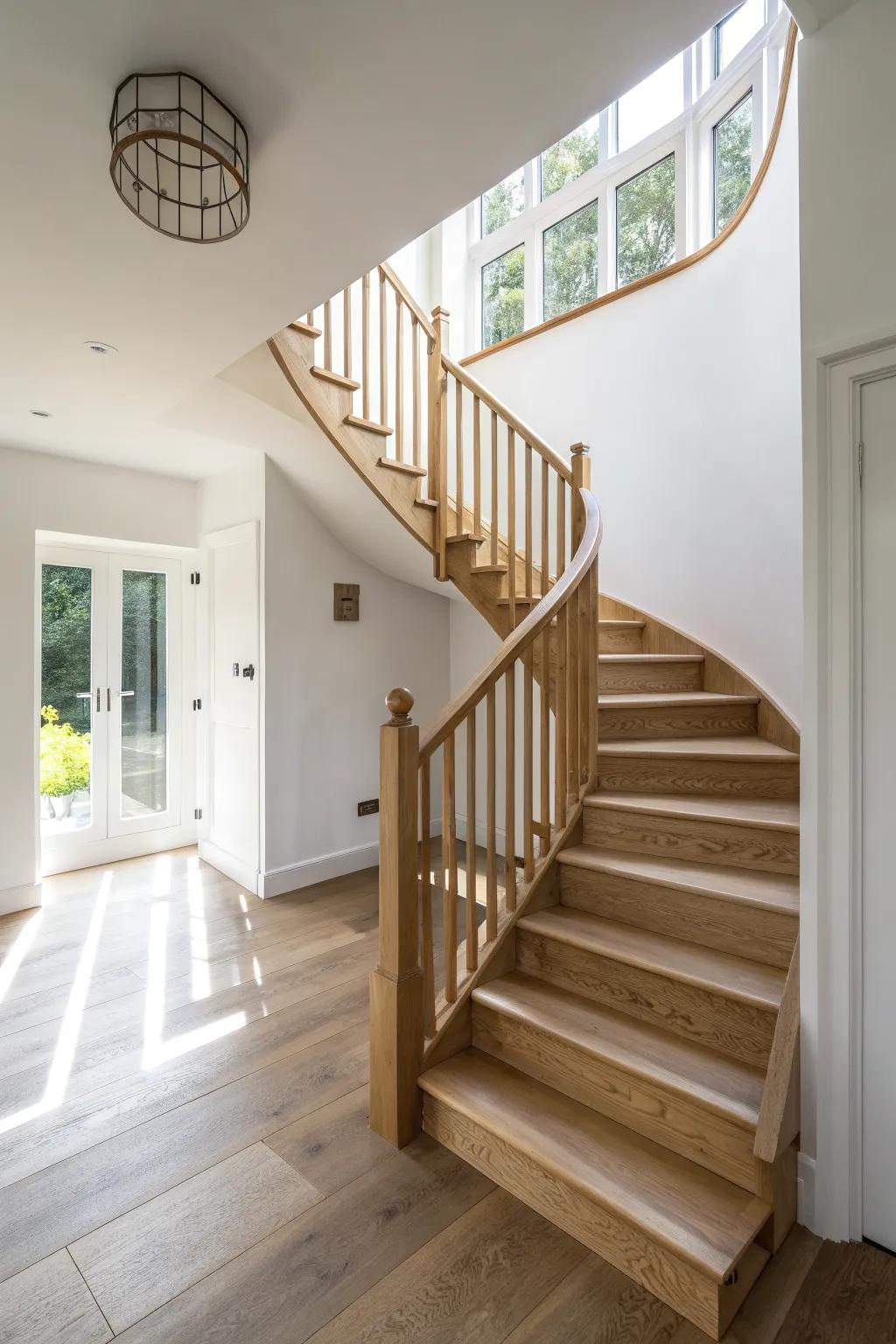 Wall-hugging slim oak stair run—more comfortable than a spiral, perfect for tight hallways.