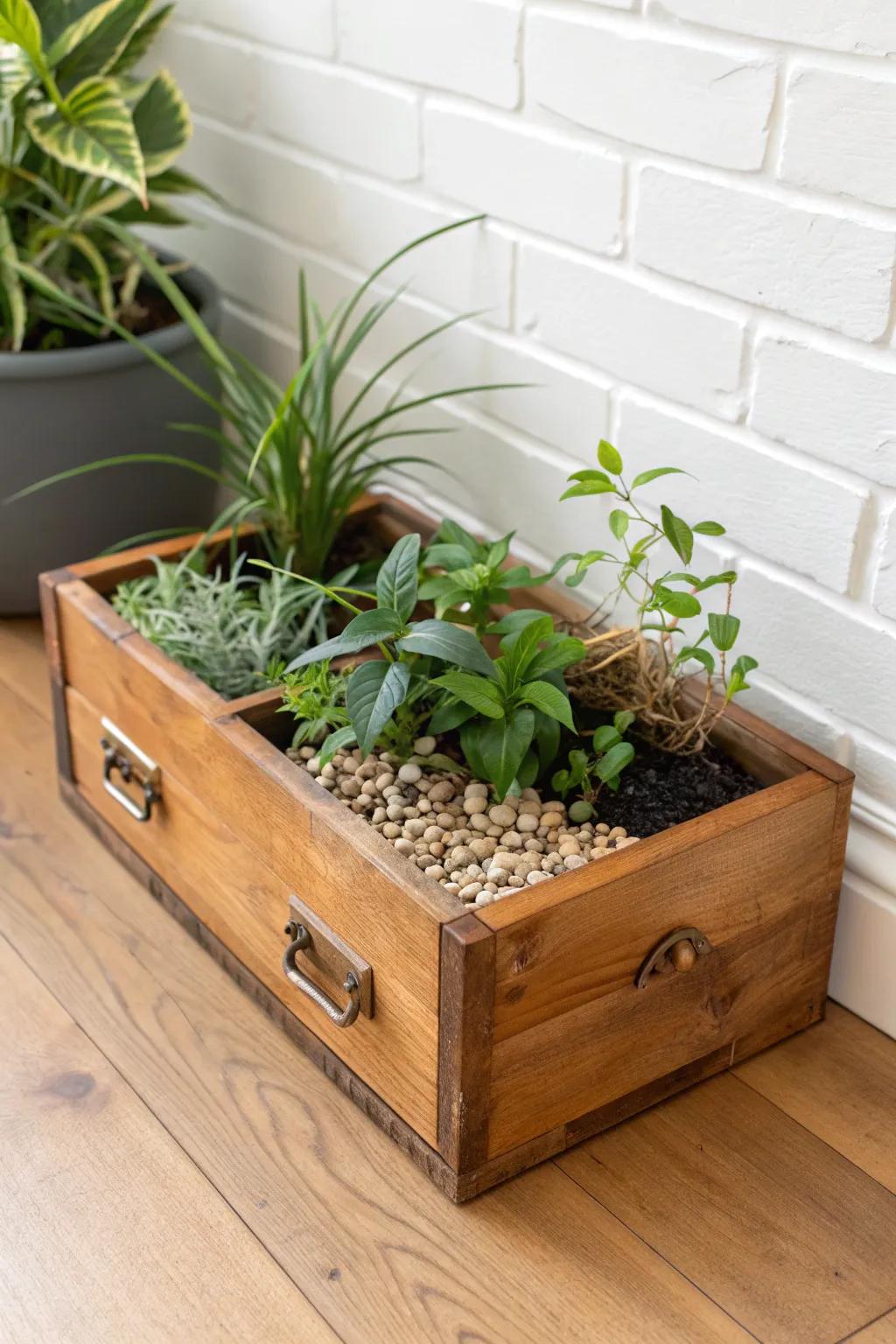 Upcycled drawer planter box: rustic charm, lined for moisture, perfect for lush indoor greens.