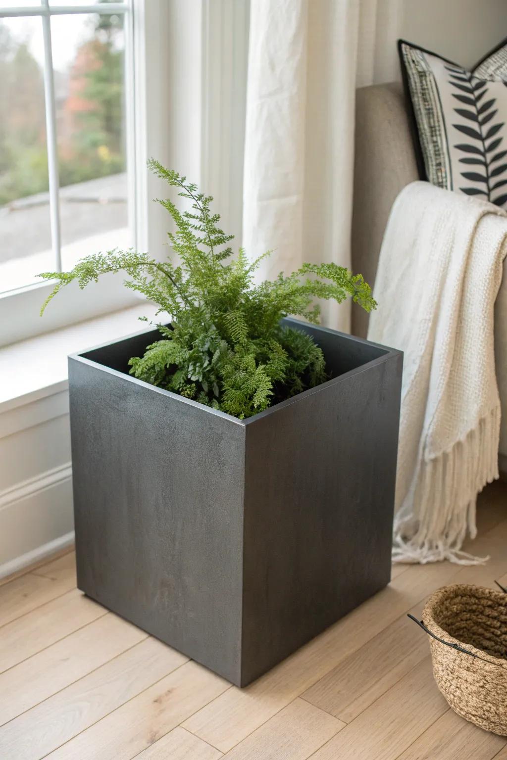 Modern faux-metal plywood planter box—sleek satin finish with warm Scandinavian calm.