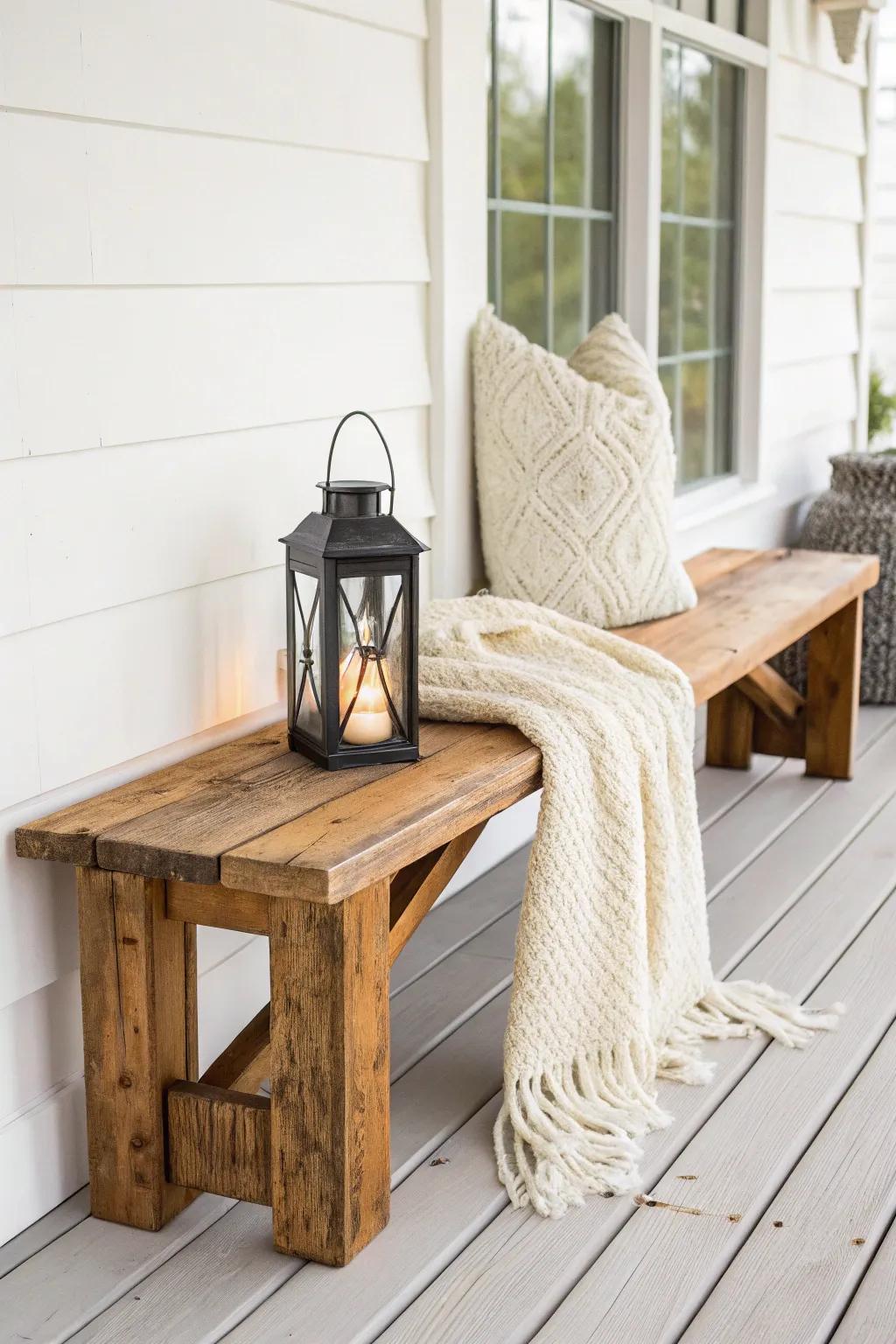 Reclaimed-wood bench lounge with knit throws and lantern glow—an indoor porch for rustic vows.
