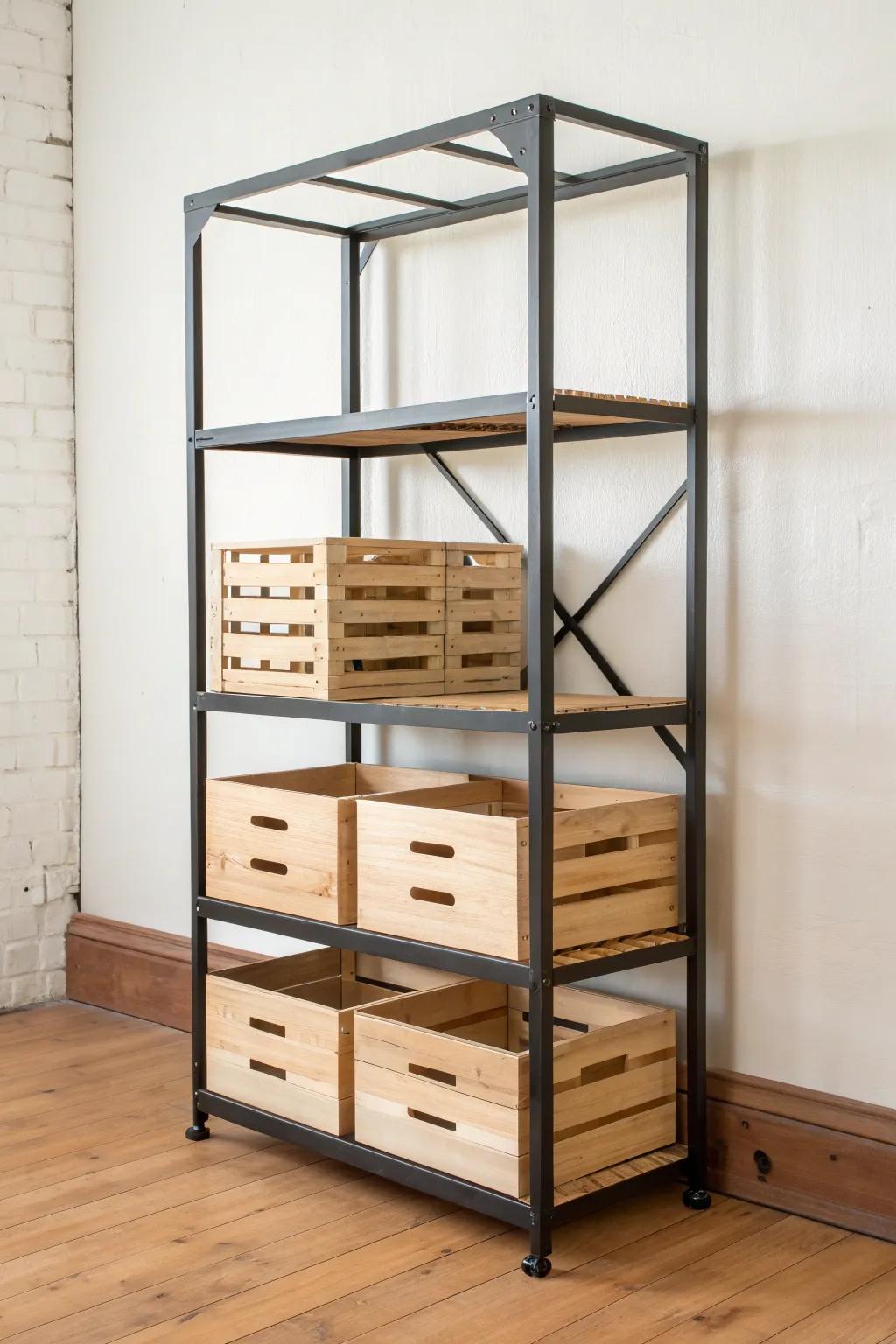 Slide-in wood crate bins turn industrial shelves into hardware-free drawers with rustic charm.