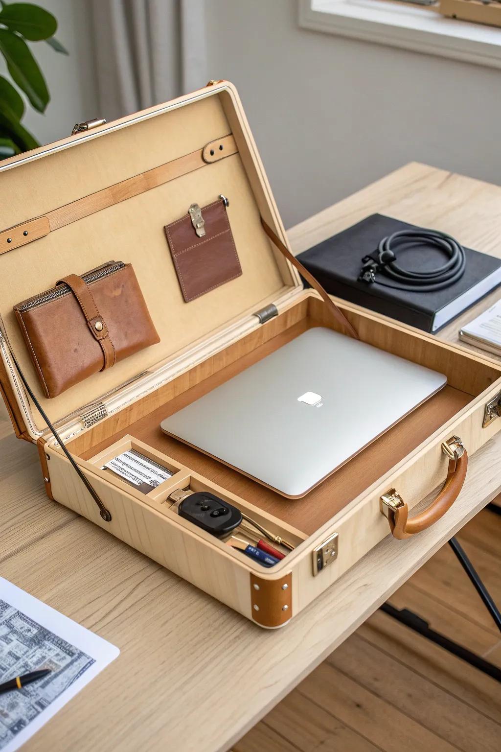 Suitcase-style wooden laptop box: fold-out desk, tidy compartments, minimal and beautiful.