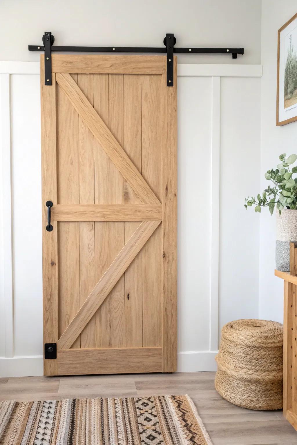 Rustic strap hinges on a simple wood door for a crafted, cozy basement entry.