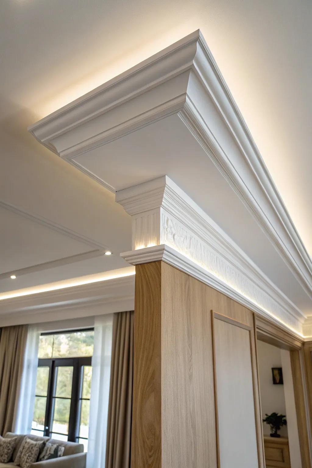 Colonial crown molding with hidden cove lighting—classic layers, modern soft ceiling glow.