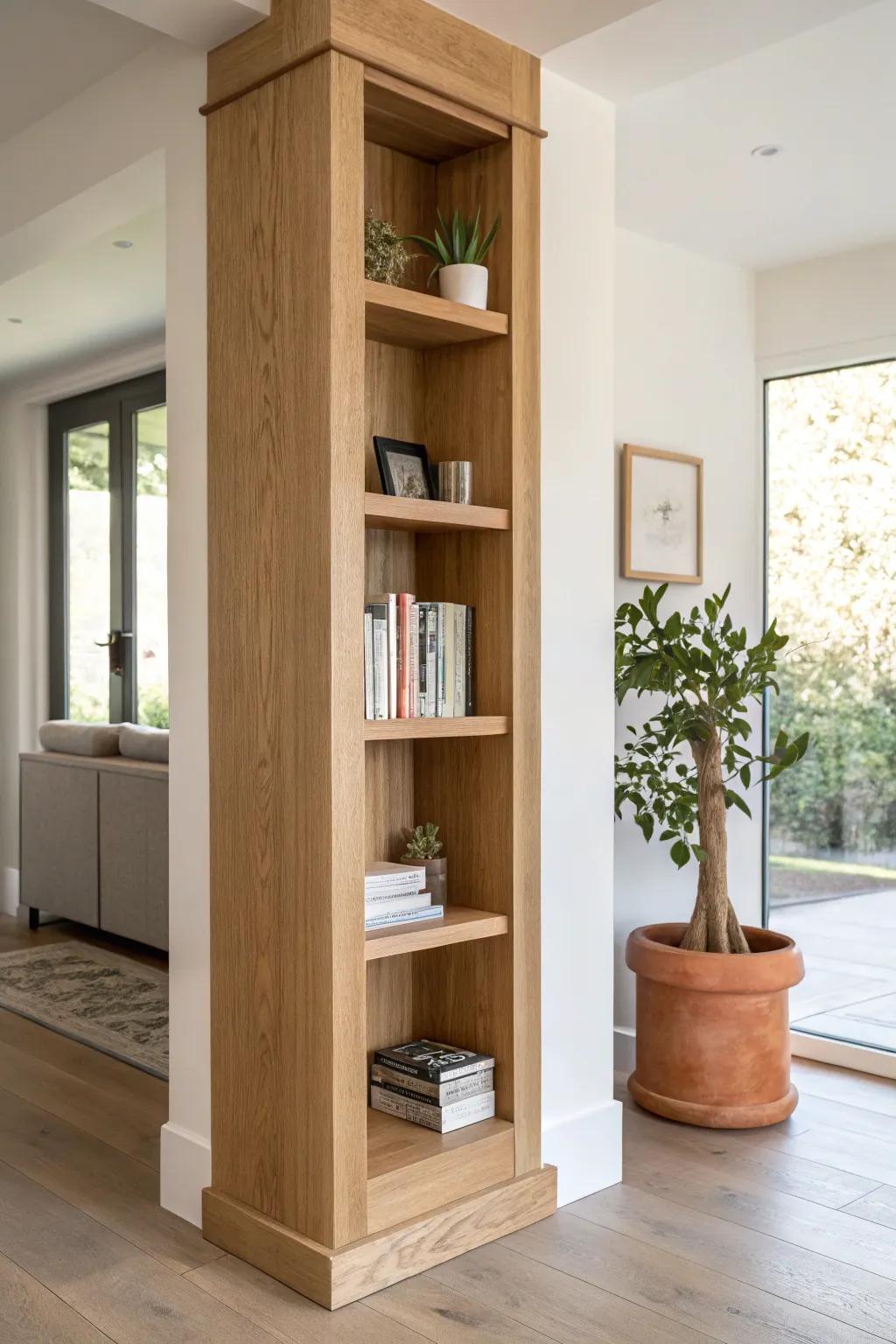 Turn an awkward column into a built-in shelving wrap for books and plants—simple and beautiful.