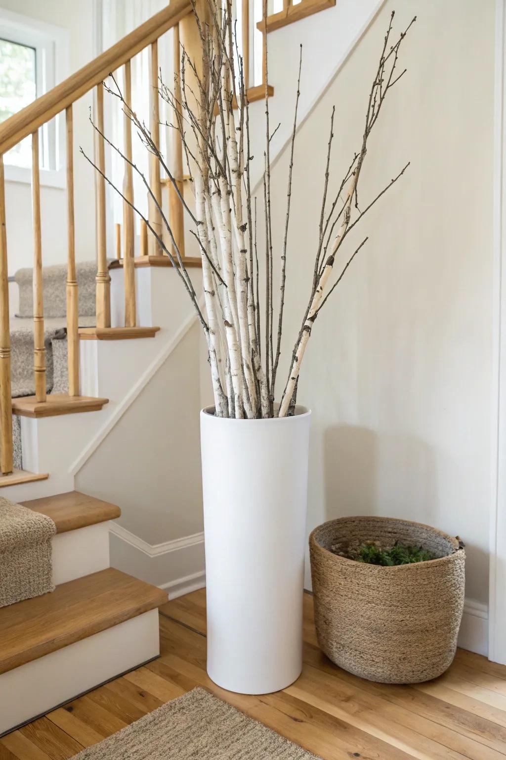Turn a stairwell corner into a statement with a sleek planter packed with birch branches.