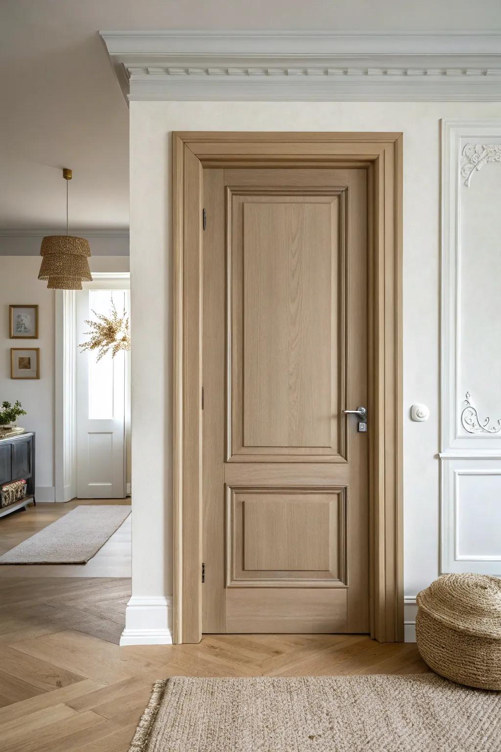 Trim two shades lighter than the door adds depth while keeping the look calm and soft.