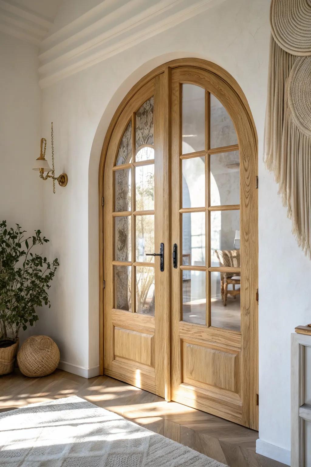 An arched French door adds soft drama—clean oak lines, warm light, and timeless romance.