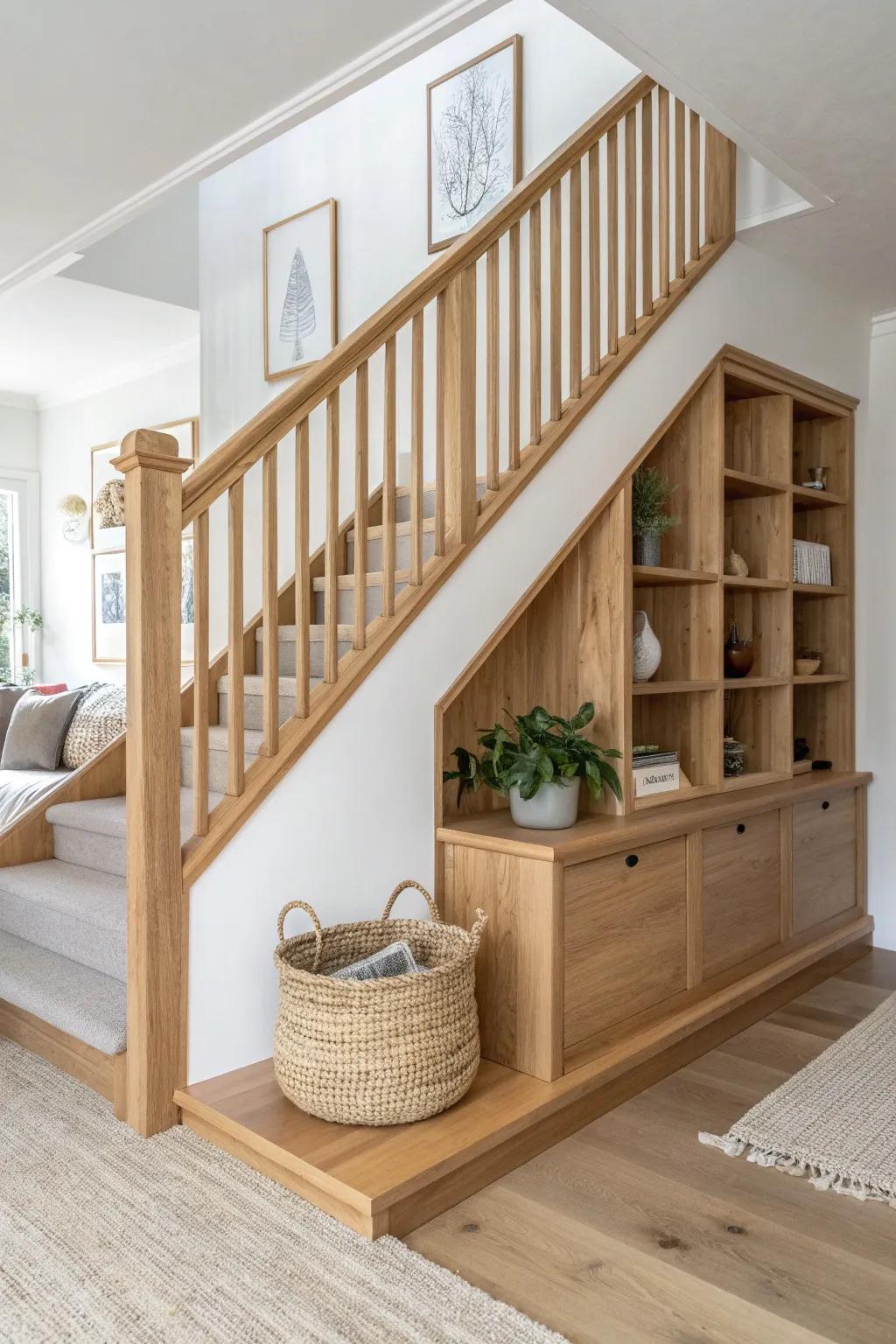 A sleek oak stair half-wall railing with cubby storage—minimal, airy, and space-smart.