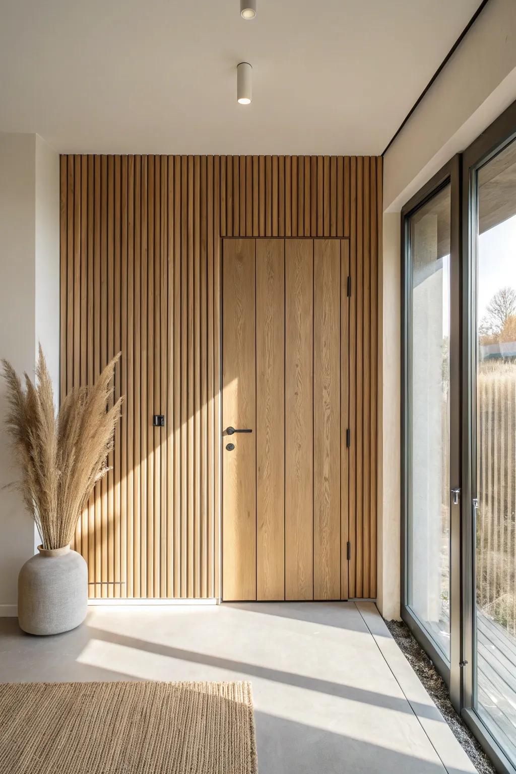 A seamless oak slat wall with a hidden door—so clean, guests won’t even spot it.
