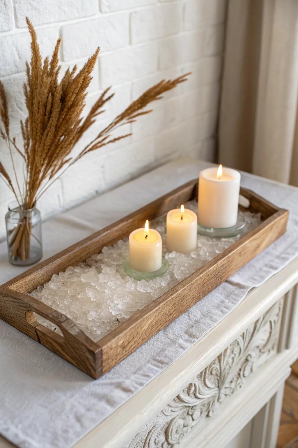 Cracked “ice” resin in a rustic tray, topped with candles for a glowing January mantel moment.