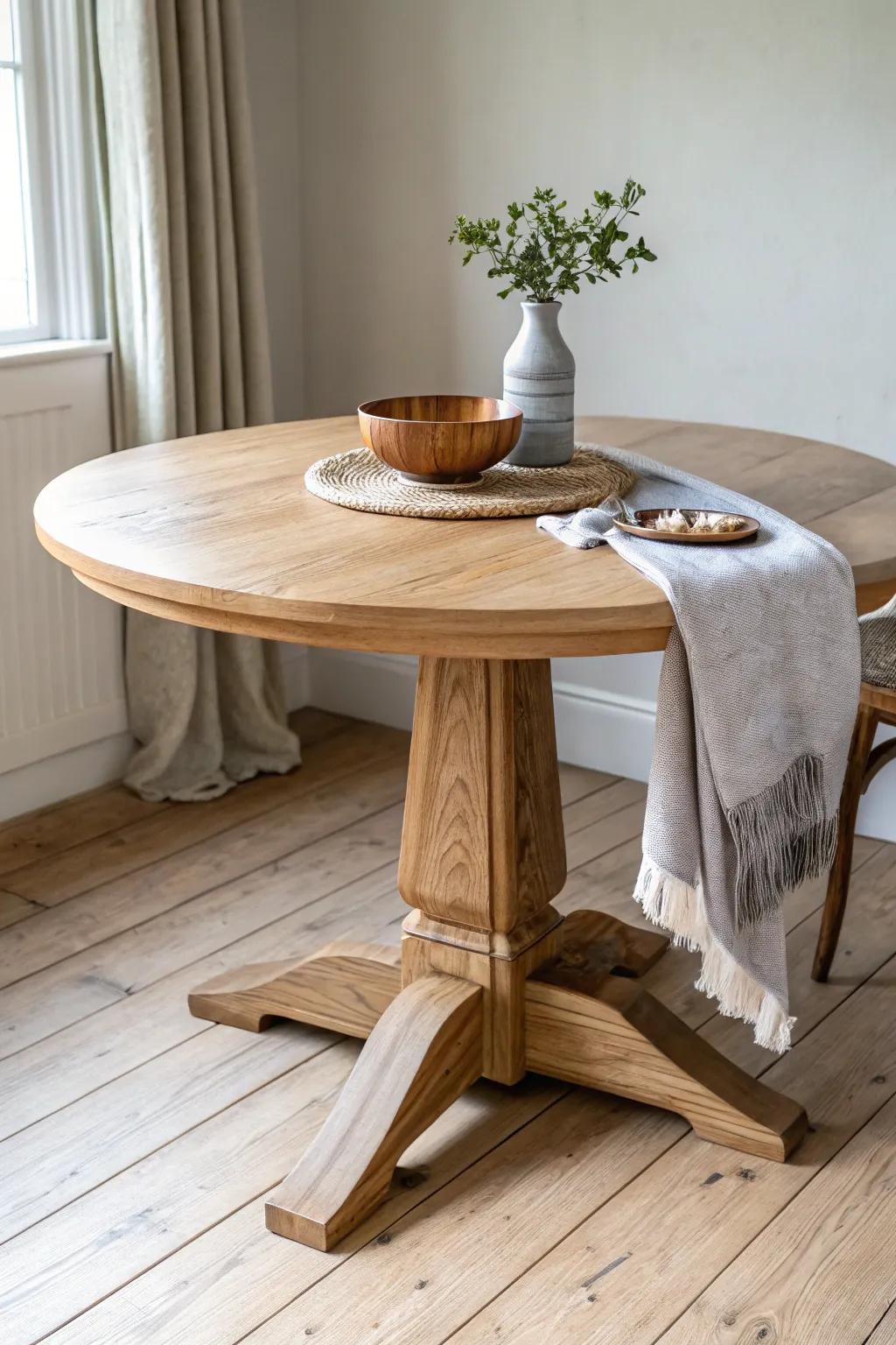 Round oak pedestal table: soft edges, smooth flow, and Japandi calm for compact dining nooks.