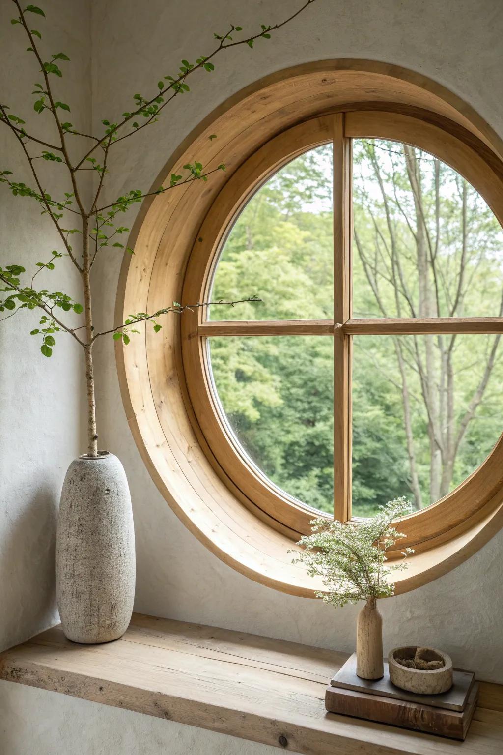 A simple oak moon window that frames greenery—minimal, modern, and quietly breathtaking.