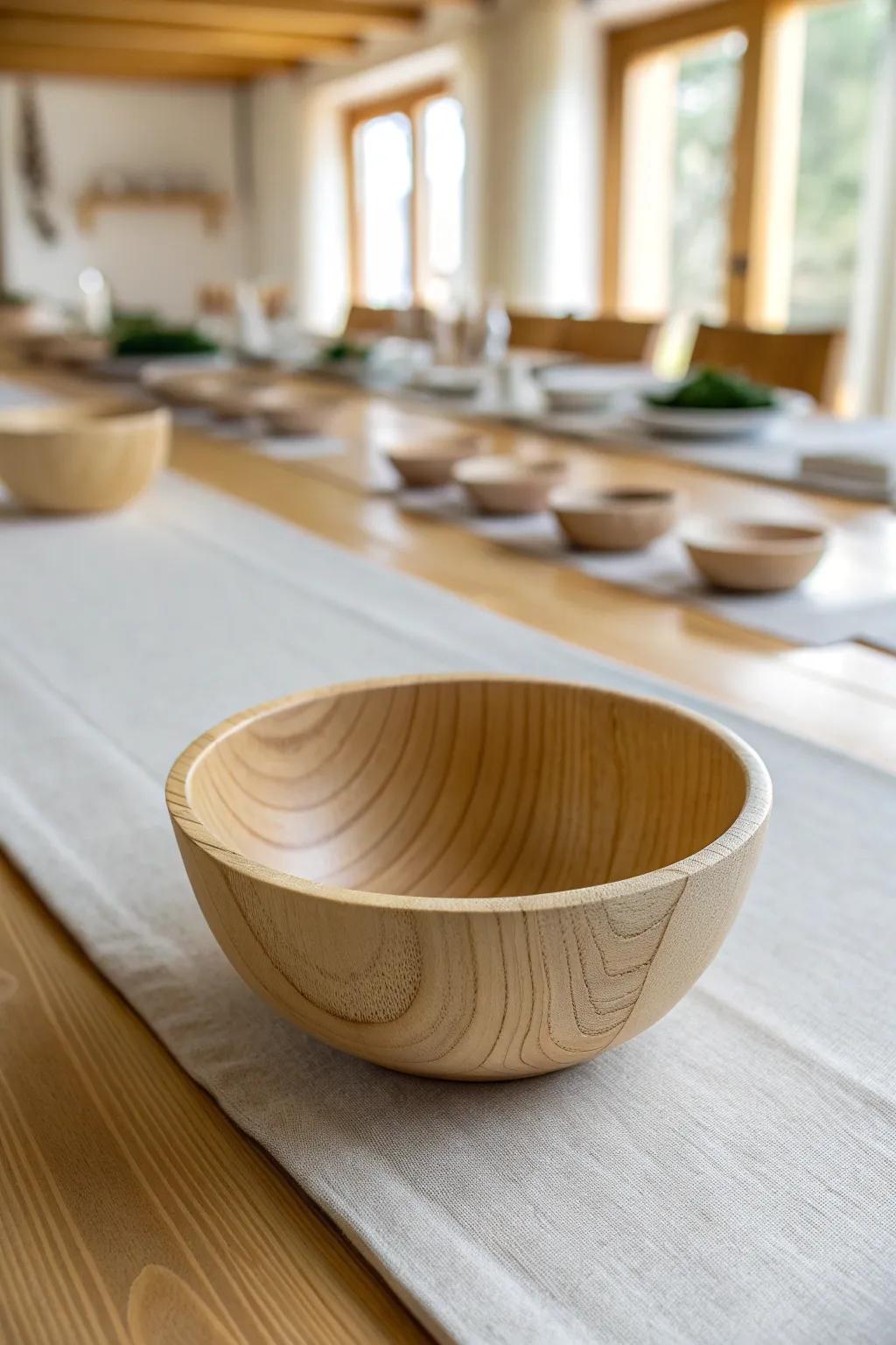 One wooden bowl in focus, with a soft line of tiny dishes behind—orderly, abundant, communal.