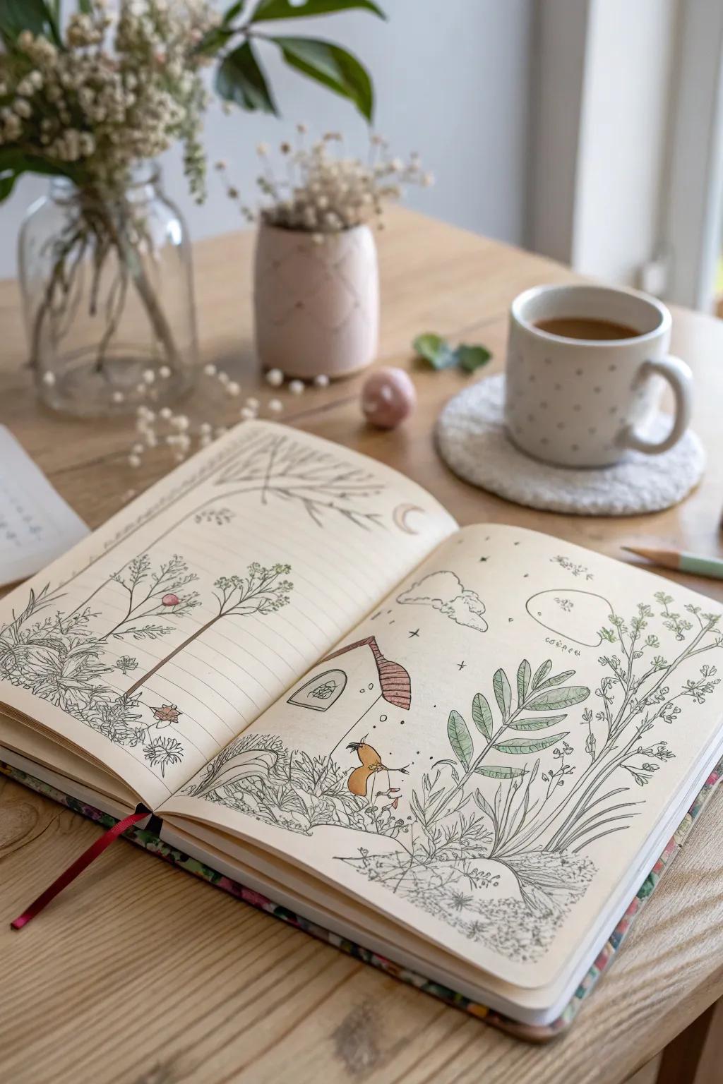 Dive into whimsical worlds with enchanting journal drawings that spark your imagination.