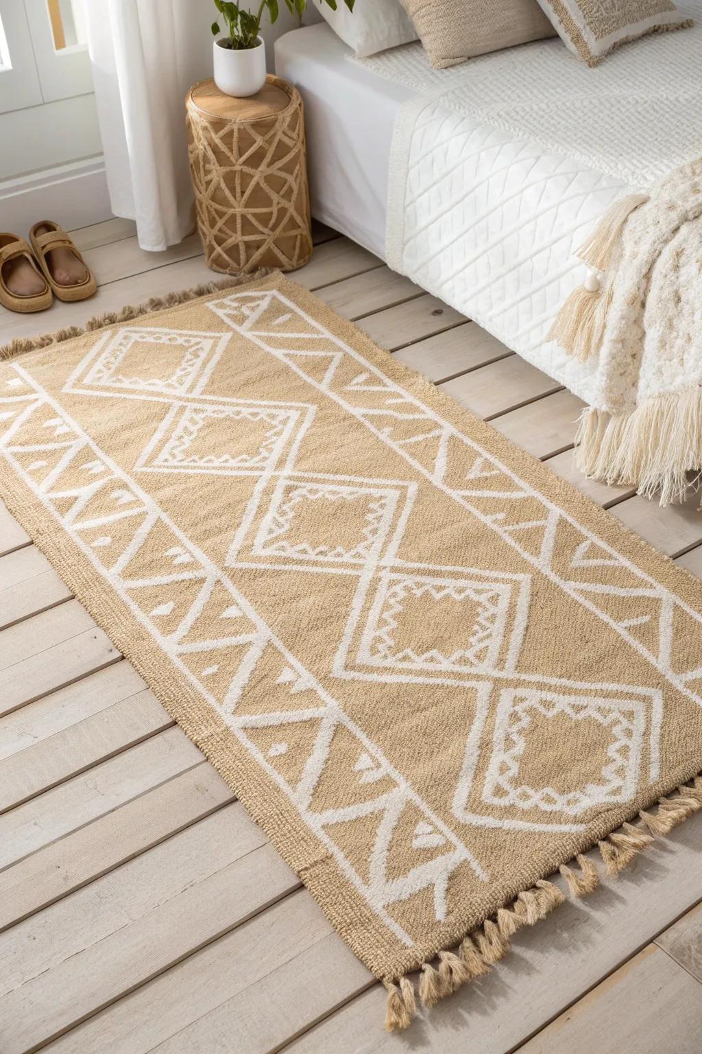 Softly stenciled off-white pattern on jute adds bedroom character—imperfect, calm, and cozy.