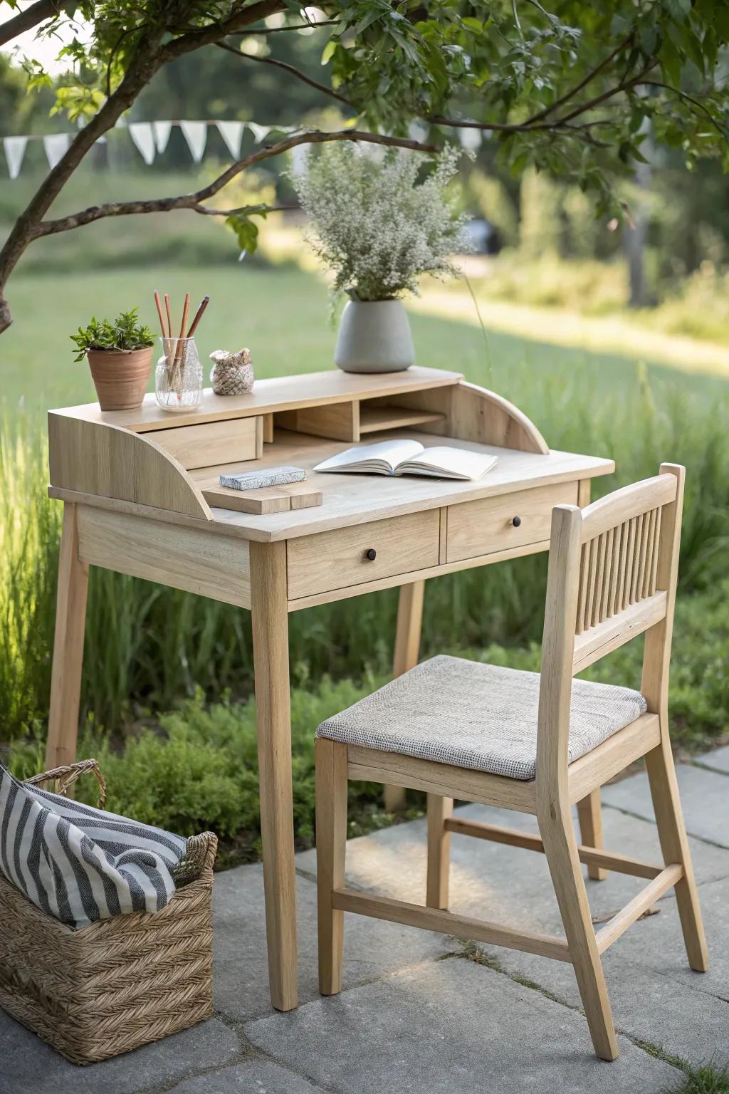 Elevate your child's study time with a serene outdoor desk setup that blends minimalist design with natural inspiration. #OutdoorStudy #ScandinavianBoho