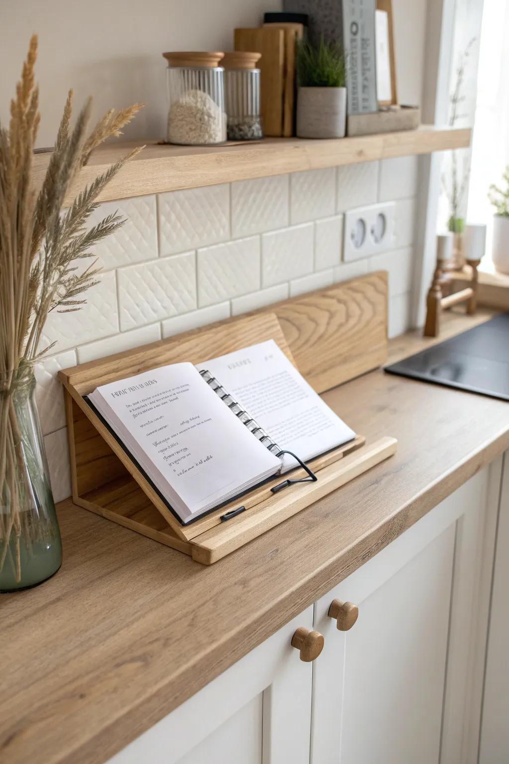 A slim oak recipe ledge keeps your favorite bakes upright, clean, and beautifully on display.