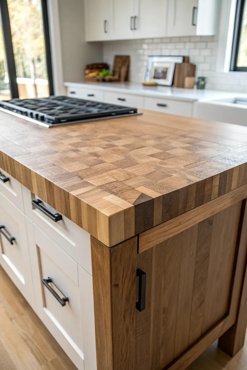 End-grain chopping block bump-out adds a durable prep zone without stealing bar seating space.