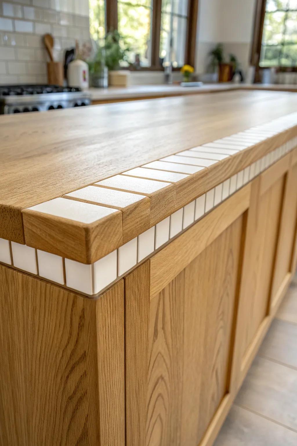 A refined oak bar top with a tile-inset center strip—simple, textured, and beautifully custom.