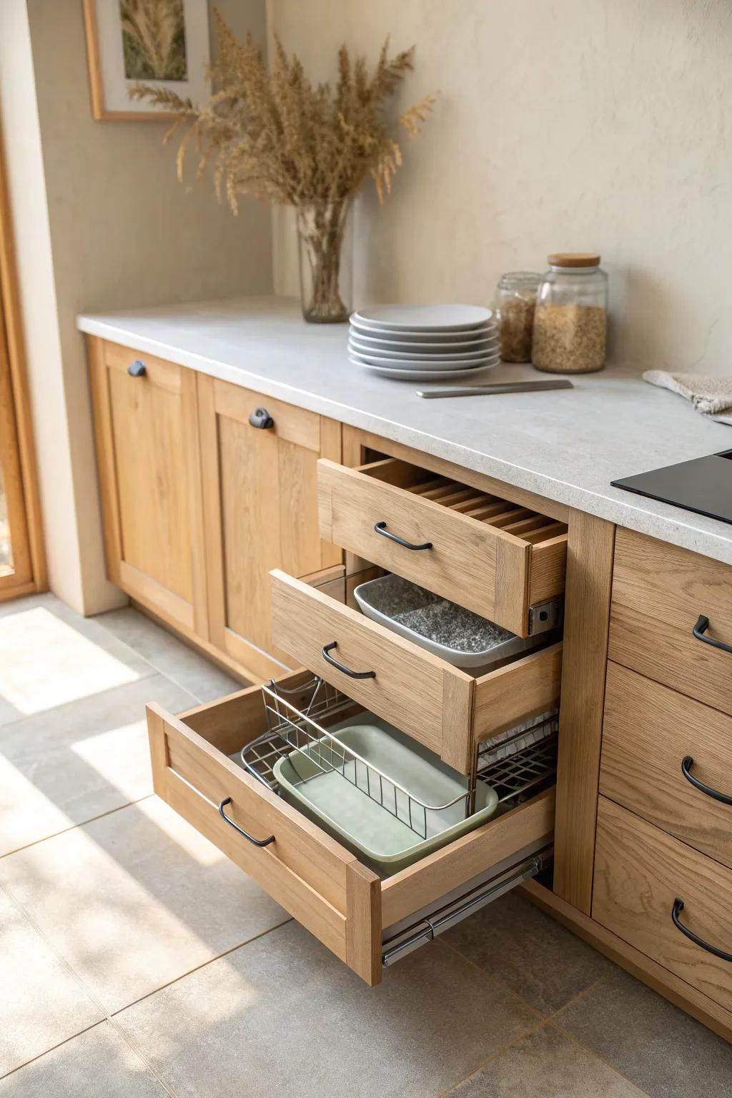 Hidden toe-kick drawer storage—perfect for sheet pans, racks, and placemats.