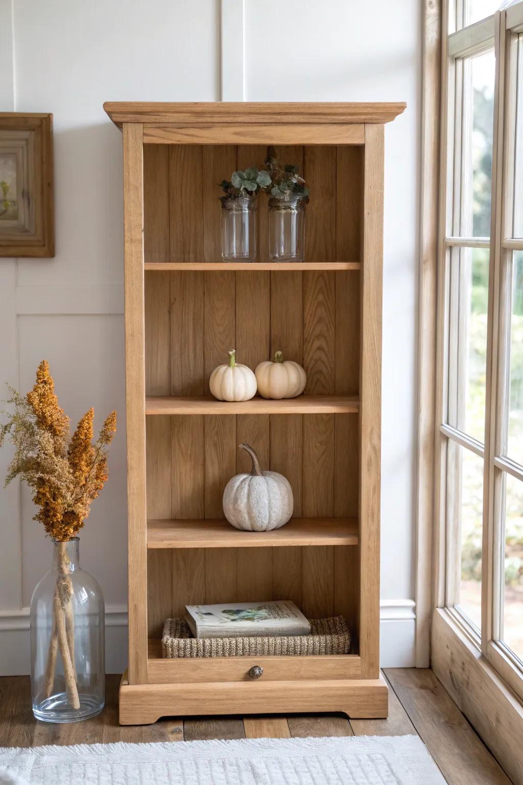 Seasonal swap-in shelf: tiny gourds and greenery keep your cabinet display fresh all year.