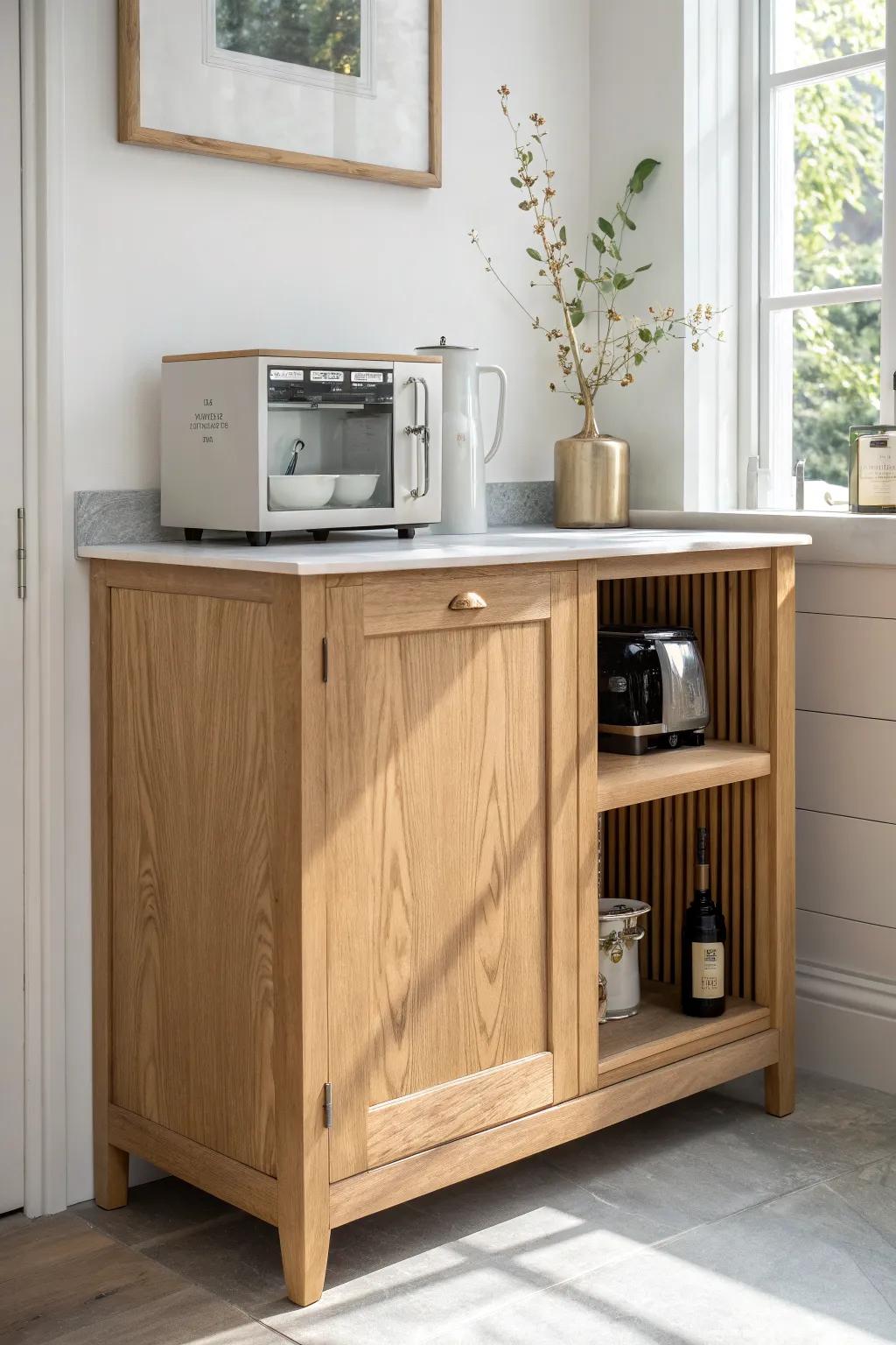 A sleek oak appliance garage keeps toaster and mixer hidden—instant calm for a small kitchen.