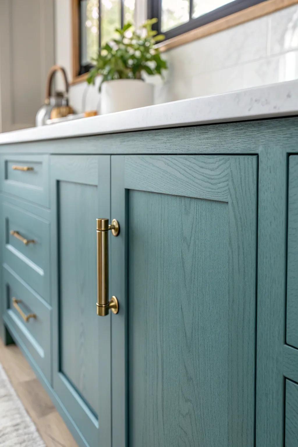 Smoky teal cabinets add bold, grown-up depth—perfect with pale counters and brushed pulls.