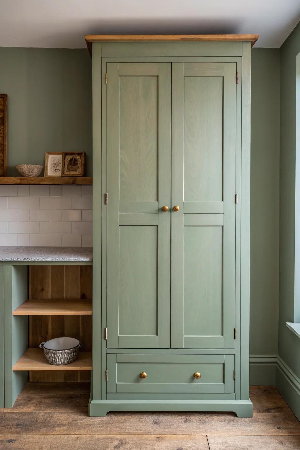 Color-drenched sage cabinets + walls: cozy, seamless corners and a handcrafted minimalist look.