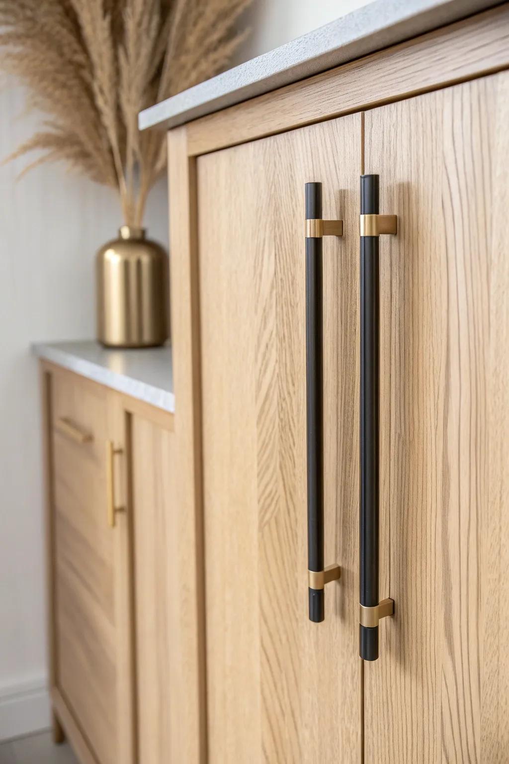 Mixed black and brass cabinet pulls—balanced, intentional, and beautifully cohesive on oak.