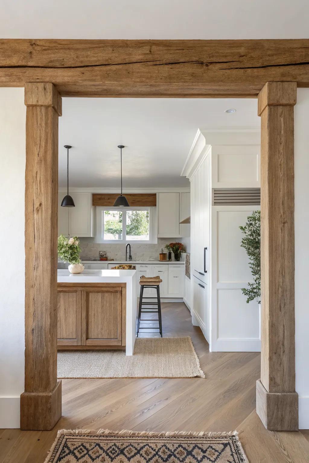 Two columns, one chunky wood header beam—an instant built-in look for a pass-through.