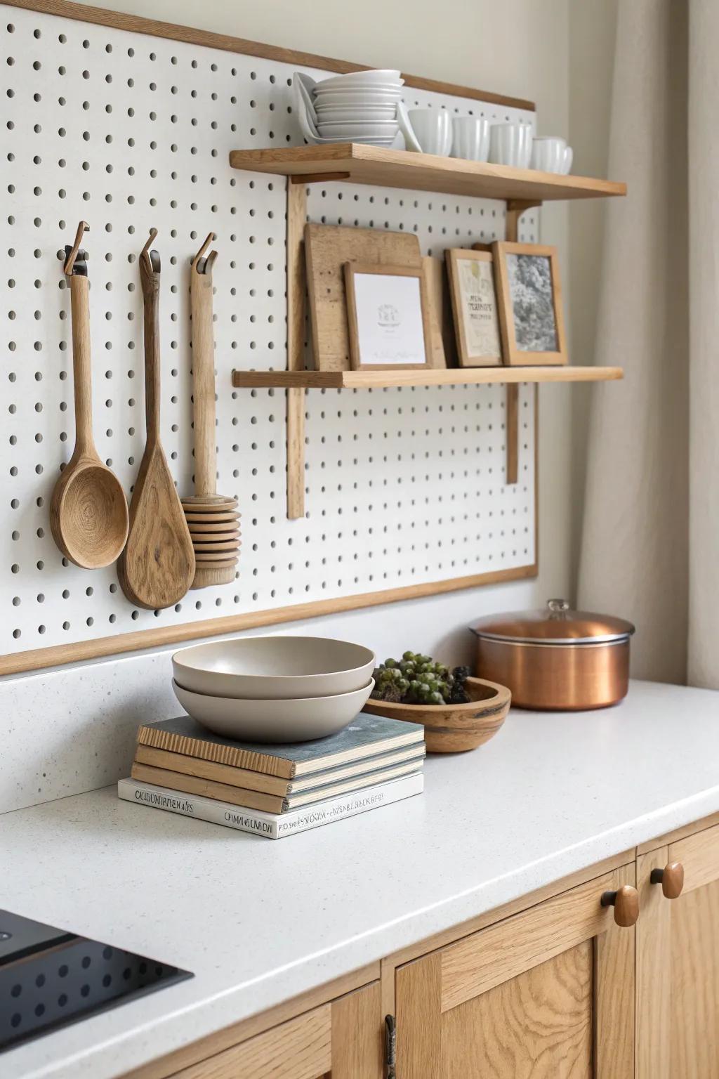 Pegboard-back counter shelf: pretty, practical storage with warm oak and clean Nordic lines.