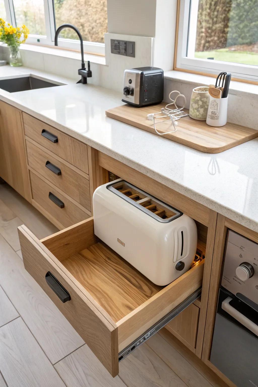A calm appliance “garage” drawer bay—lined, cord-routed, and beautifully crafted in oak.