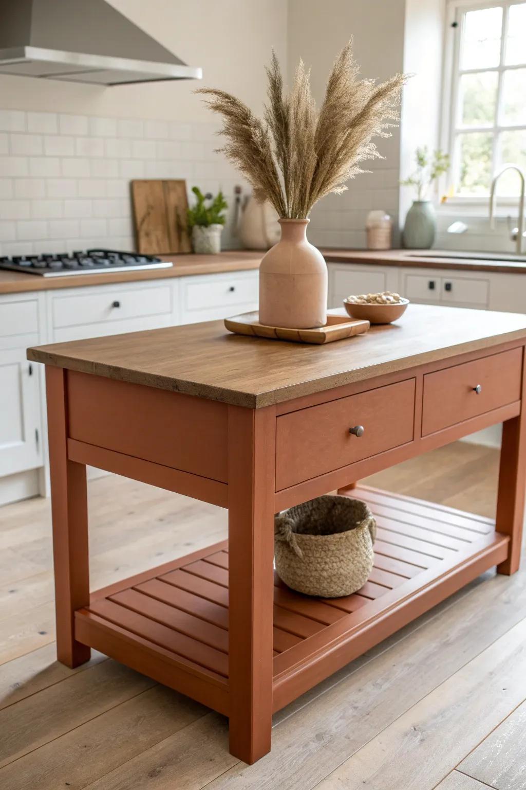 Rusty terracotta island + oak top—warm, sun-baked clay tones with clean Scandinavian calm.