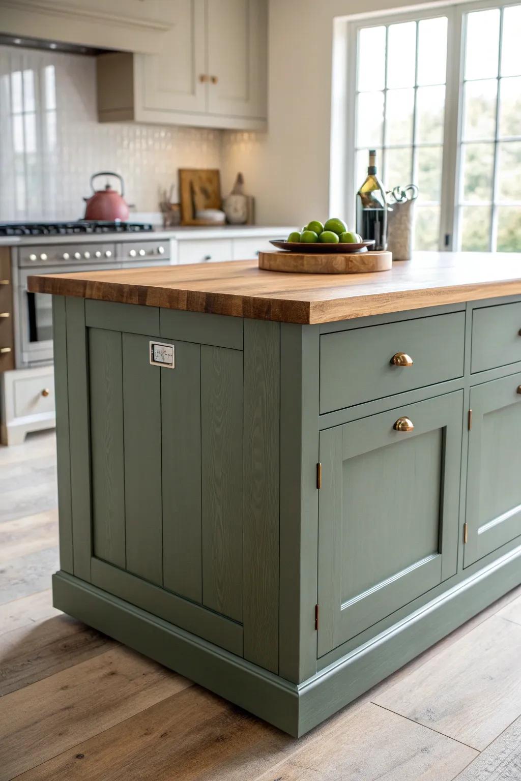 Sage-painted island base with a warm oak top—perfect contrast against dark cabinets.