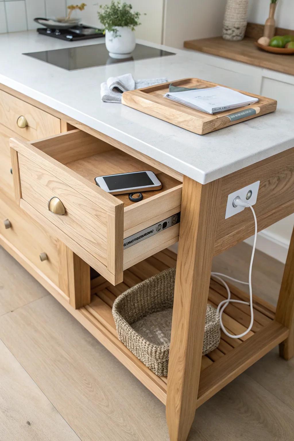 A hidden charging drawer keeps cords out of sight—perfect for a clean, rolling kitchen command center.