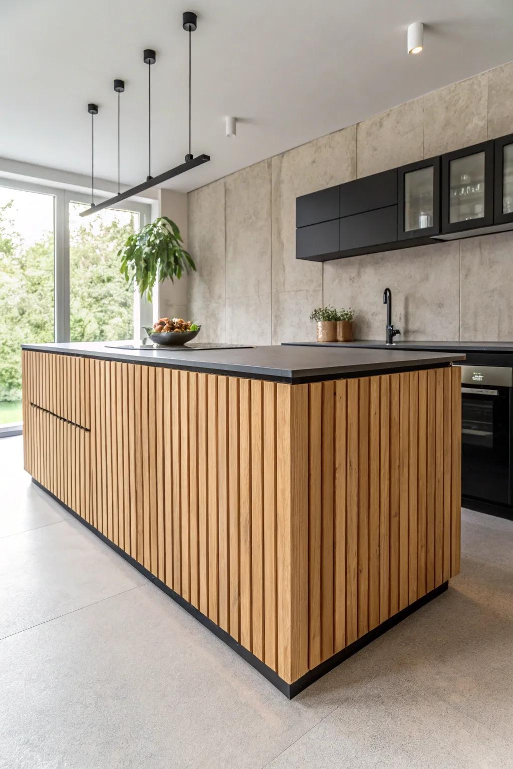 Warm oak island wrap with slim matte metal banding—minimal, durable, and beautifully crafted.