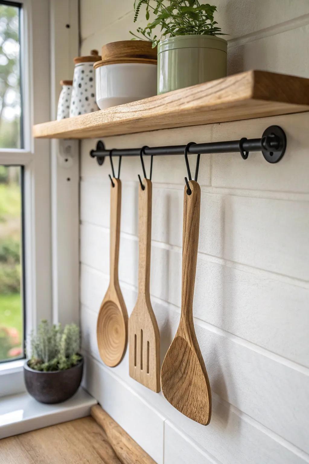 A tiny shelf rail turns wooden utensils into pretty, practical decor right above your prep zone.