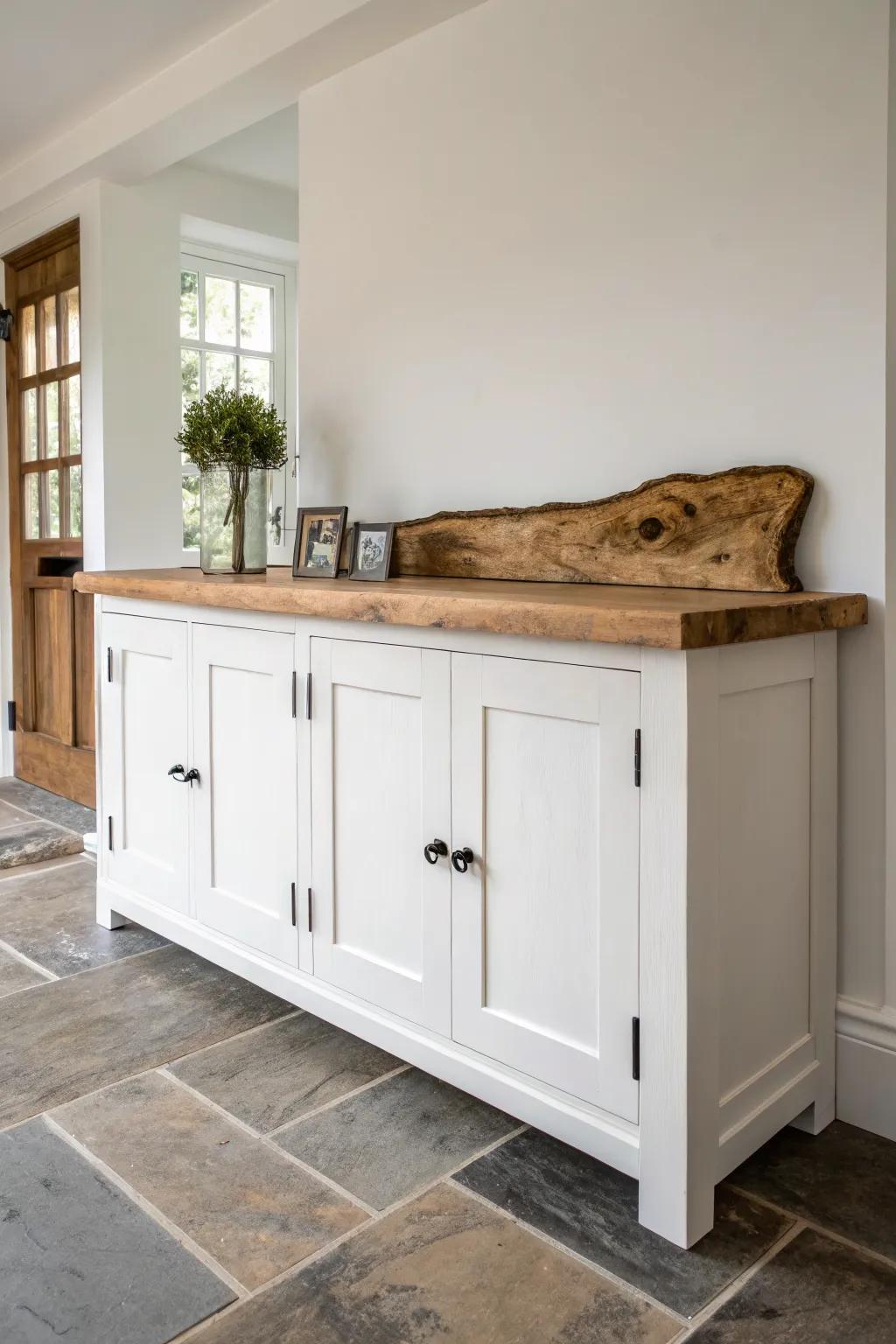 A live-edge slab turns a simple sideboard into a warm, one-of-a-kind kitchen statement.
