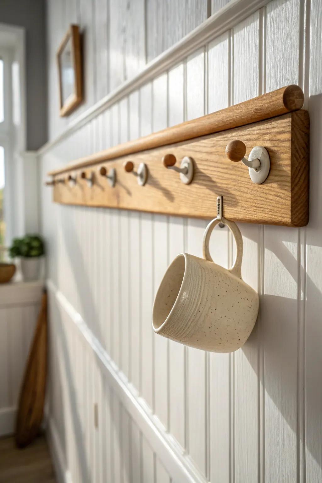 Beadboard + a simple oak peg rail—pretty, practical storage for mugs and market baskets.