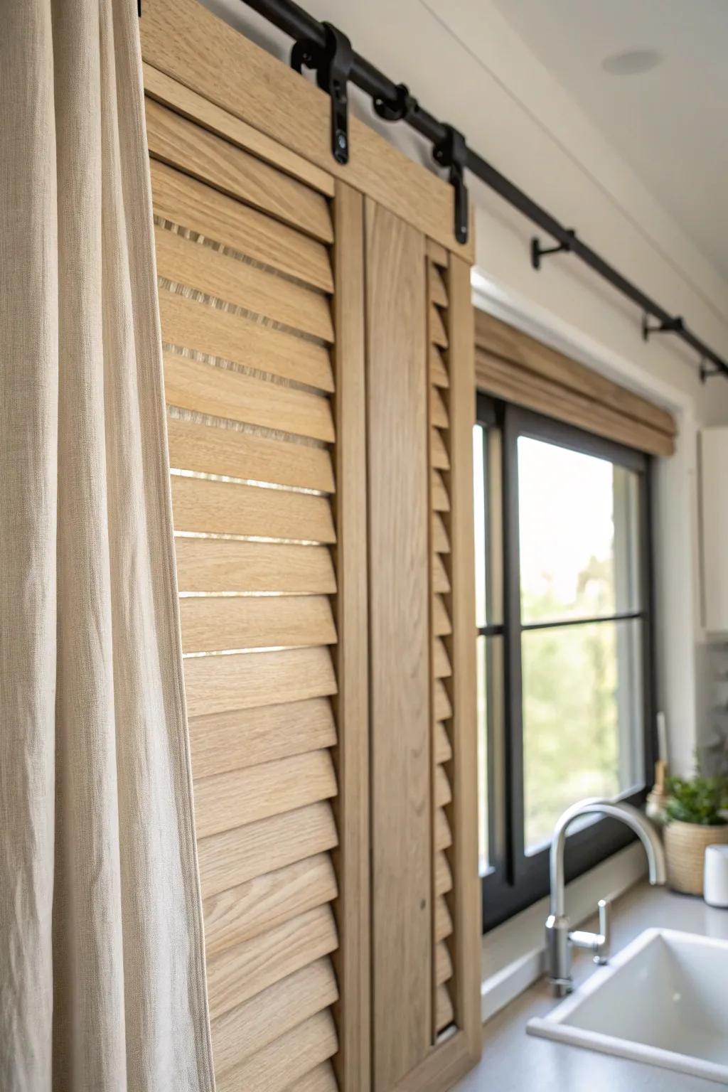 Sliding oak window shutter on a slim track—perfect above the sink when space is tight.