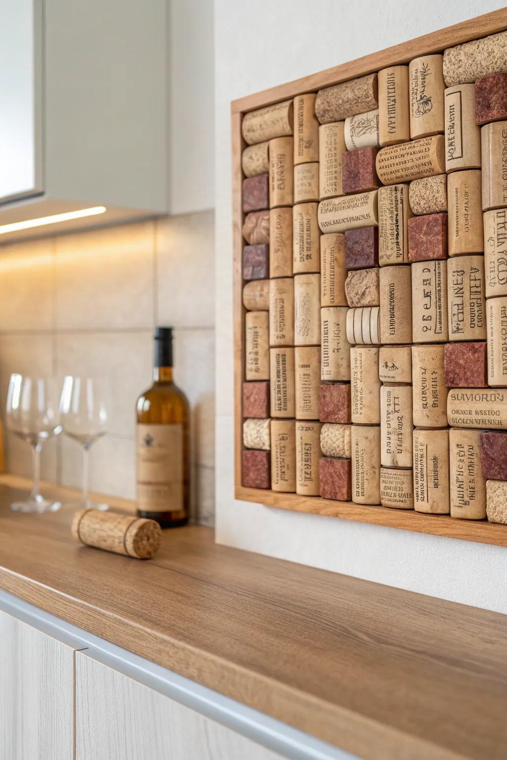 DIY cork backsplash: warm texture, cozy tasting-room vibe, and minimalist charm.