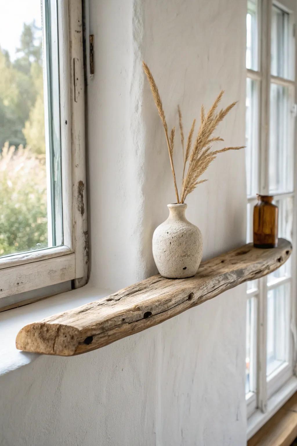 A sculptural driftwood ledge that turns one simple vase into a tiny gallery moment.