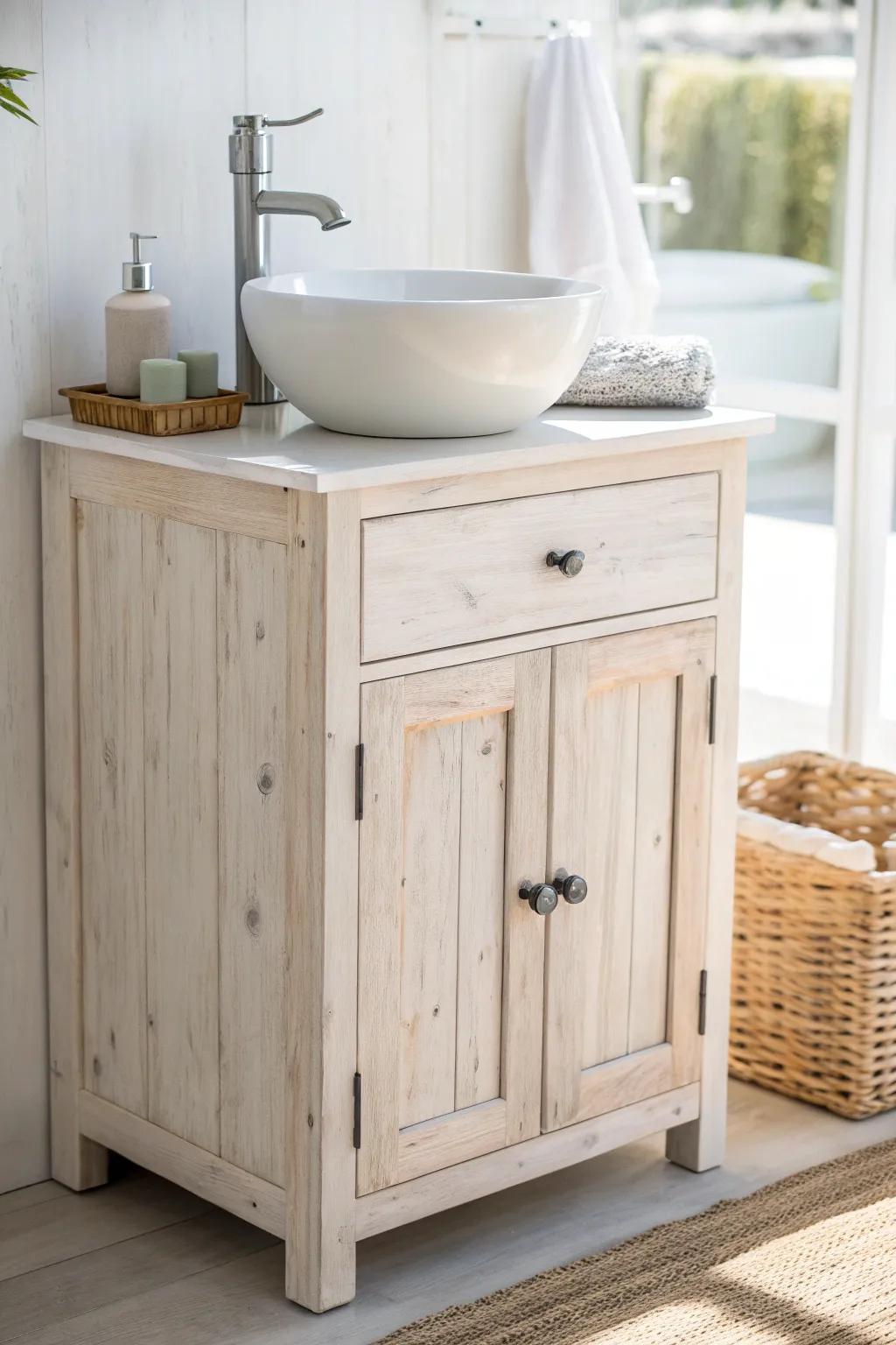 Whitewashed knotty pine vanity that brightens a small bathroom while keeping every knot visible.