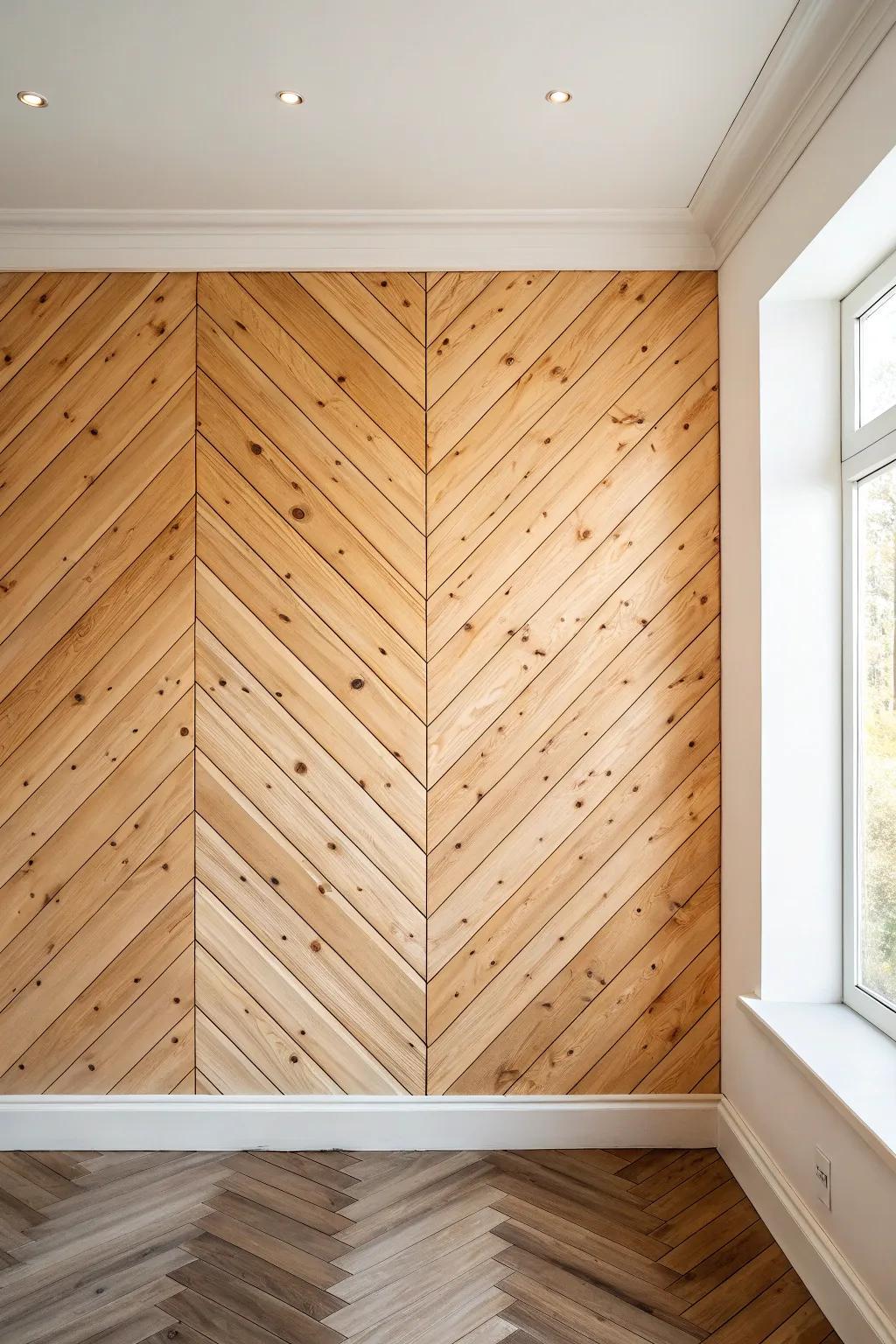 Knotty pine chevron wall: budget boards, high-end impact—warm, crafted, and artful.