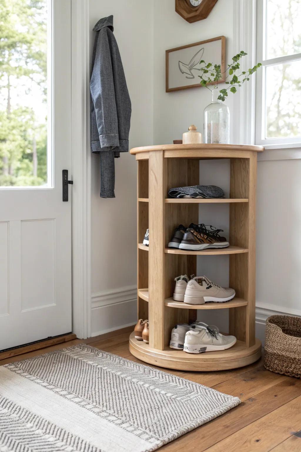 Lazy-Susan corner shoe shelf: a space-saving spin that keeps your mudroom calm and clutter-free.