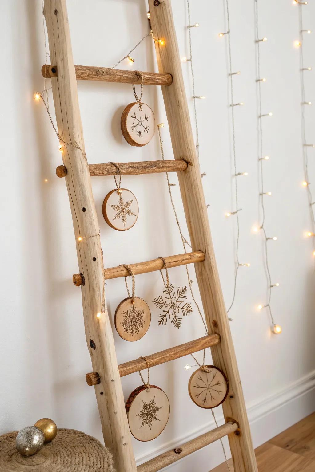 A minimalist ladder tree with wood-slice ornaments—burned patterns and natural grain steal the show.