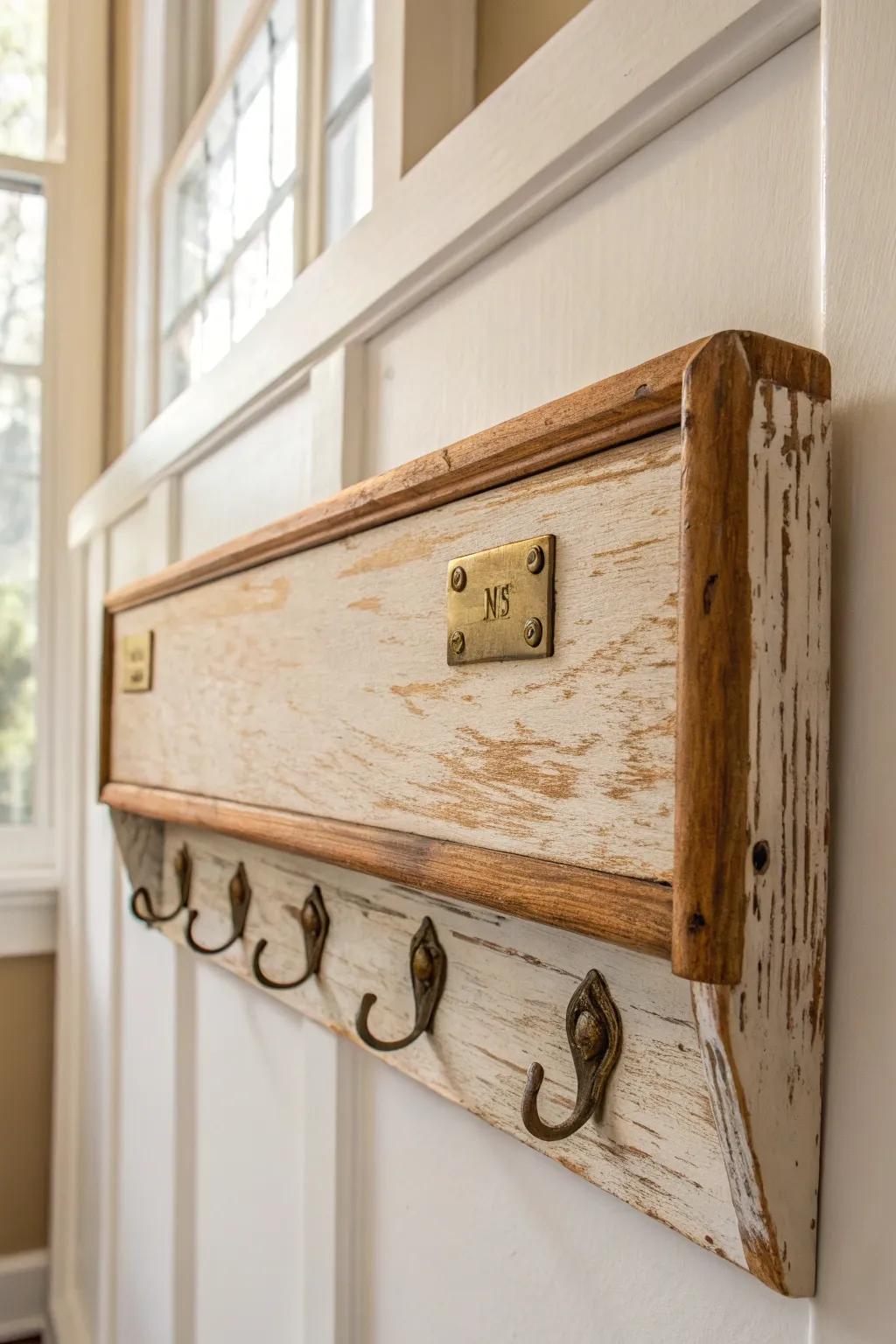 Chipped drawer front reborn as a minimalist hook board—labels and brass hooks for laundry room charm.